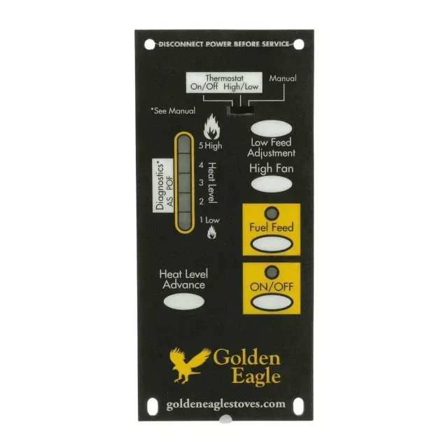 Black Golden Eagle stove control panel with labeled buttons, dial, and company logo