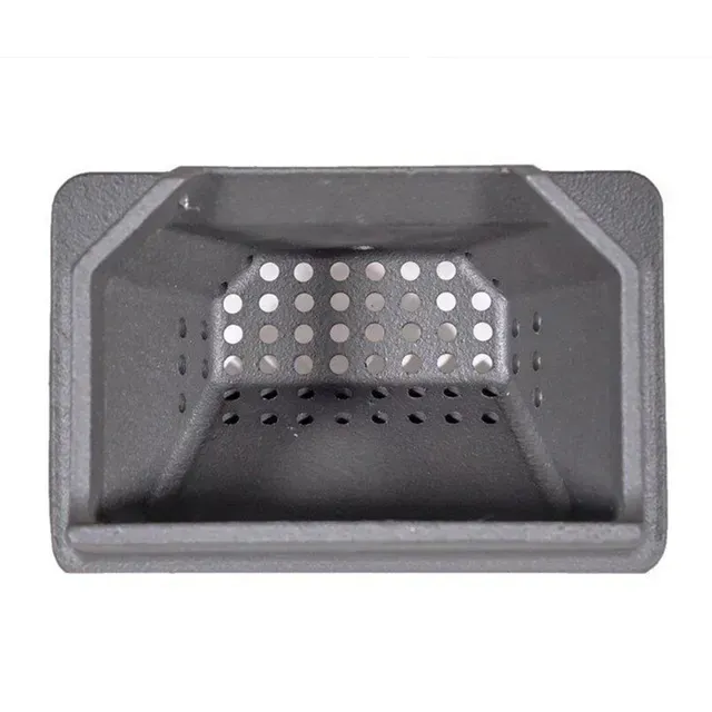 Gray metal vent grille with perforated center and angular frame on a white background