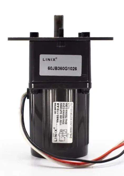 Black LINIX gear motor with mounting bracket and wires on a white background