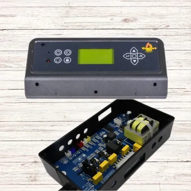 Black electronic control box with LCD and buttons, shown closed and open to reveal circuit board inside.