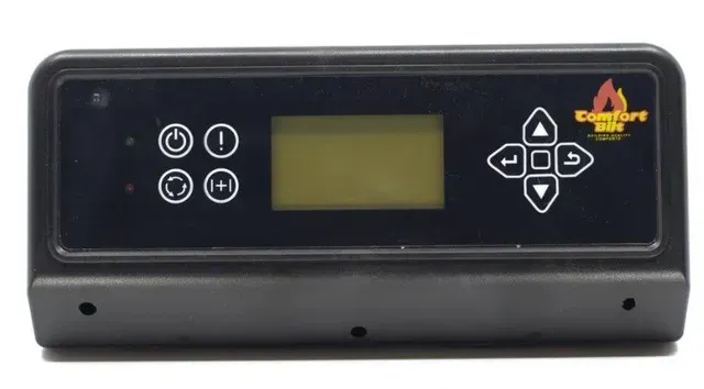Black control panel with small LCD screen, power buttons, and directional arrows on the right