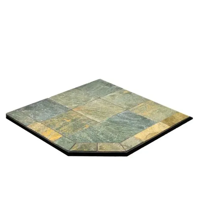 Hexagonal green-gray stone tile tabletop with a black base, isolated on white background
