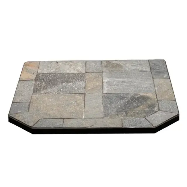 Stone-tiled rectangular tabletop with beveled corners on a white background