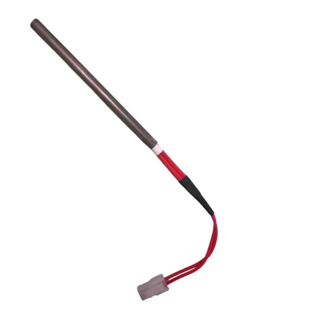 Long brown-handled heating rod with red and black cord and gray plug.