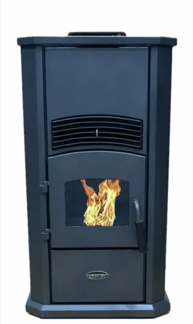 Dark gray pellet stove with a small fire glowing behind the glass door.