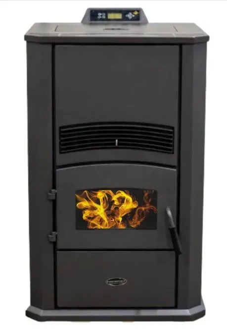 Black pellet stove with a small flame visible through the front window