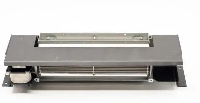 Silver wall-mounted ventilation fan unit with exposed motor and front grille on a white background