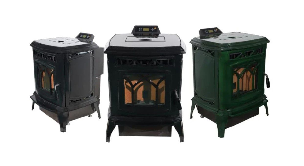 Three cast-iron wood stoves in black, gray, and green, shown side by side on a white background