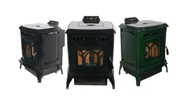 Three portable wood stoves in black and green, shown side by side on a white background
