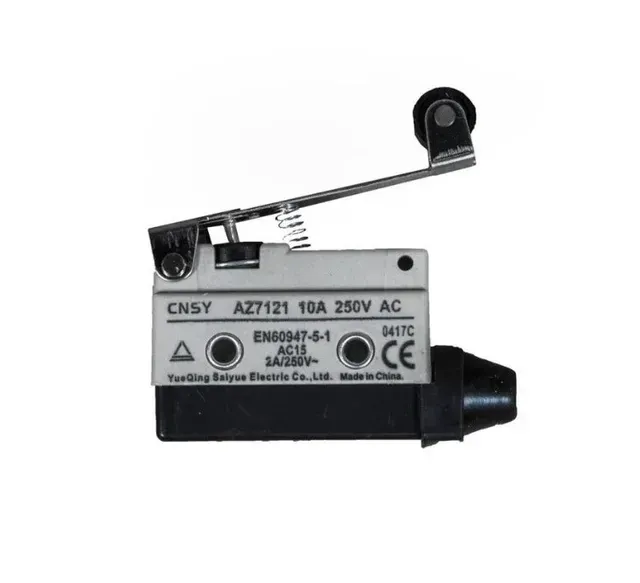 Mechanical limit switch with black roller lever actuator and white rectangular body on a white background