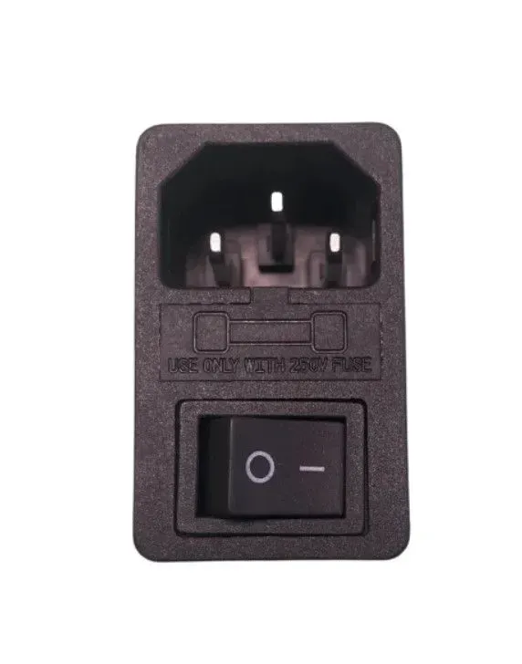 Black power inlet with a rocker switch, showing the I and O symbols.