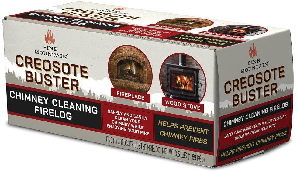Creosote Buster chimney cleaning logs box, red and white packaging with fire fireplace images