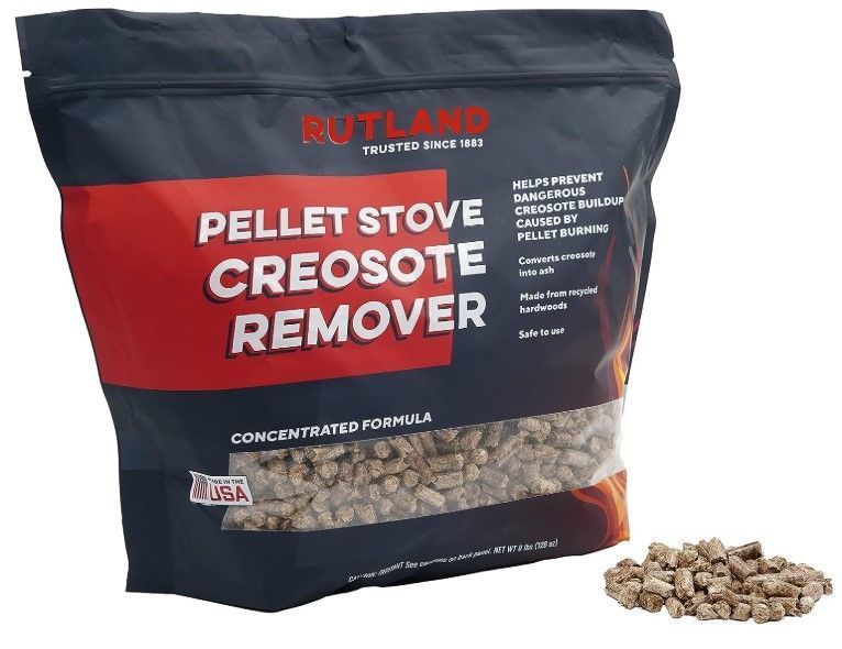 Bag of Rutland Pellet Stove Creosote Remover, dark blue and red packaging with pellets shown beside it