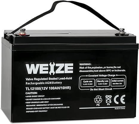 Black rechargeable sealed lead-acid battery with carrying strap and white label text
