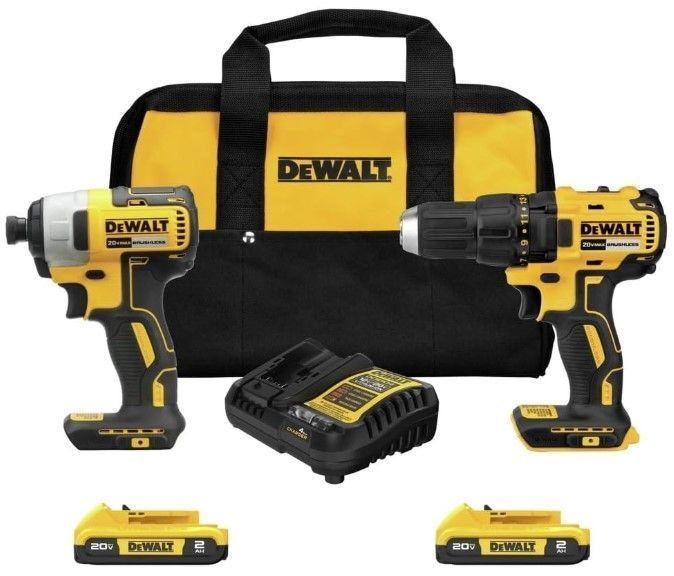 DeWalt cordless drill and impact driver kit with charger, two batteries, and black-yellow carrying bag