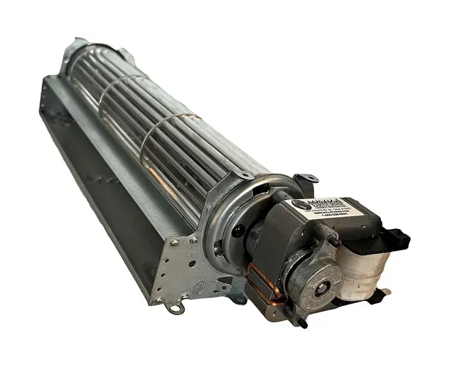 Industrial blower fan assembly with cylindrical metal housing and motor mounted on a base bracket
