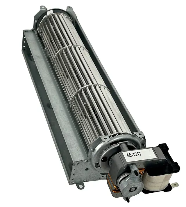 Industrial blower fan with cylindrical metal impeller and attached motor assembly