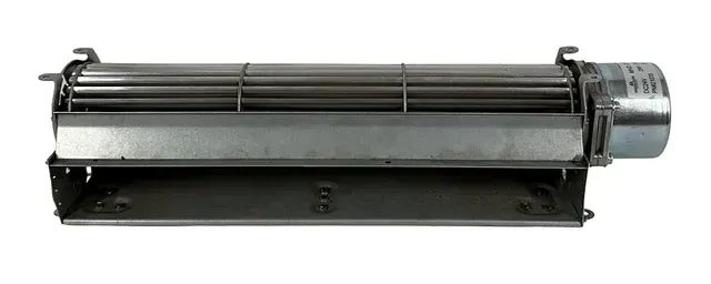 Silver cylindrical industrial fan heater on a black base, shown against a white background