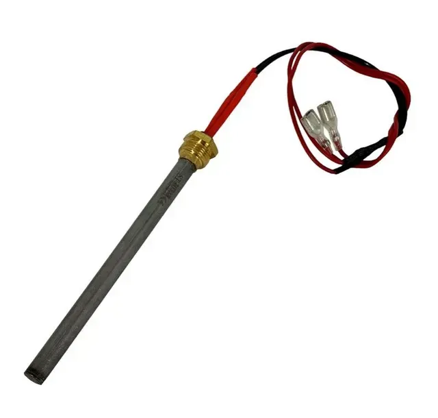 Heating element with gray rod, brass fitting, and red-and-black wires with clips