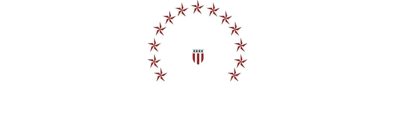 Red stars forming a semicircle around a small red emblem on a white background