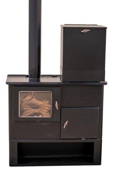 Black metal wood-burning stove with chimney and glass firebox door