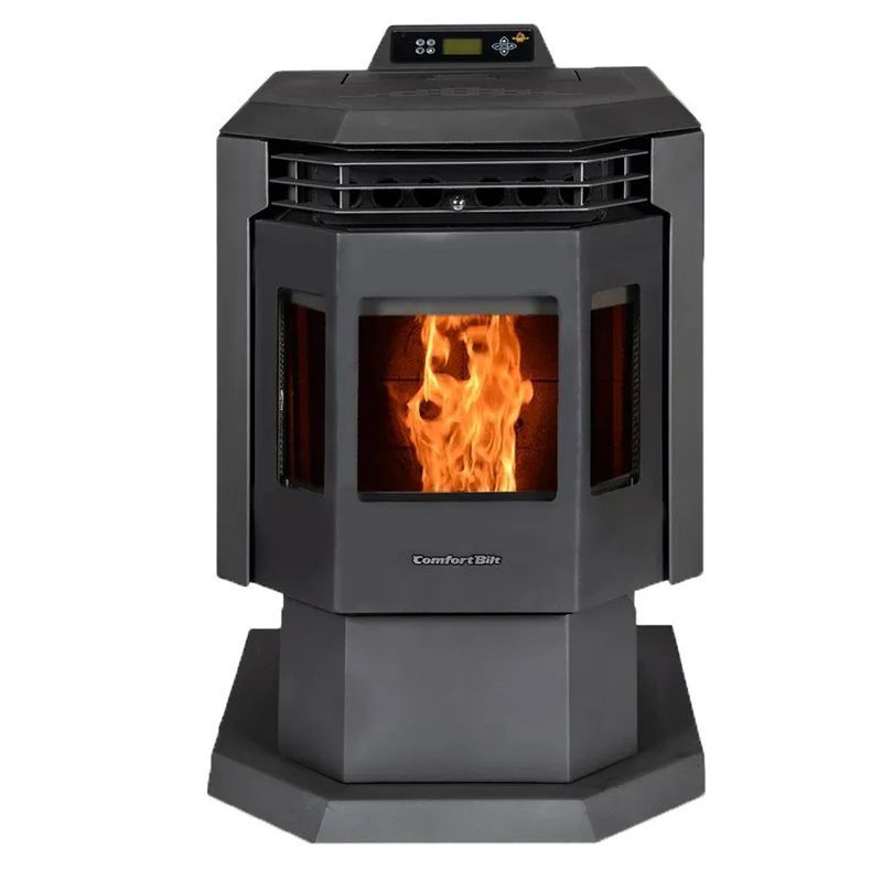 Black pellet stove with a bright flame burning in the center window