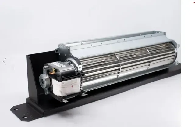 Silver industrial blower fan on a black metal base, shown on a white background