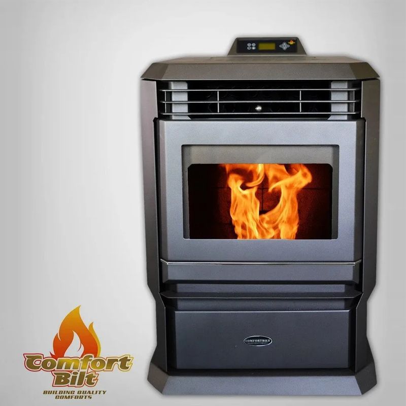 Black pellet stove with orange flames, shown against a light gray background.
