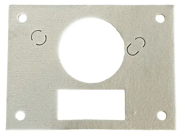 Beige metal mounting plate with a large center hole, rectangular cutout, and four corner screw holes.
