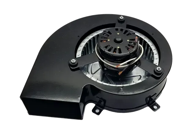 Black metal blower fan assembly with exposed central motor and housing