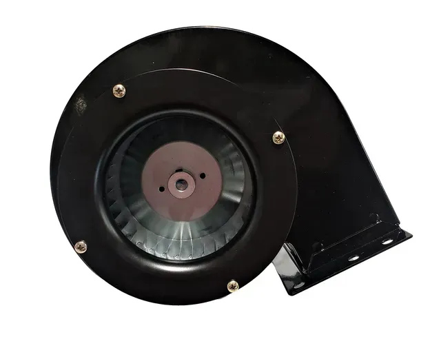 Black centrifugal blower fan with visible impeller and mounting bracket on white background