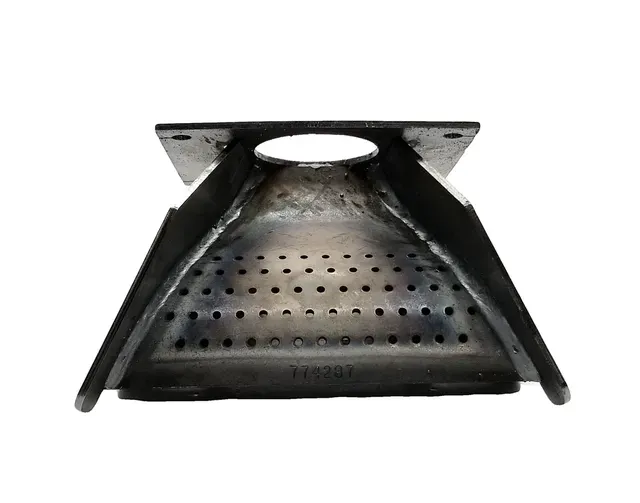 Black metal funnel-shaped grate with perforated base and side handles, viewed from the front
