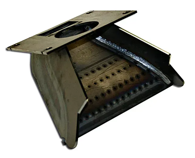 Brown metal vent or heater box with perforated base and circular top opening