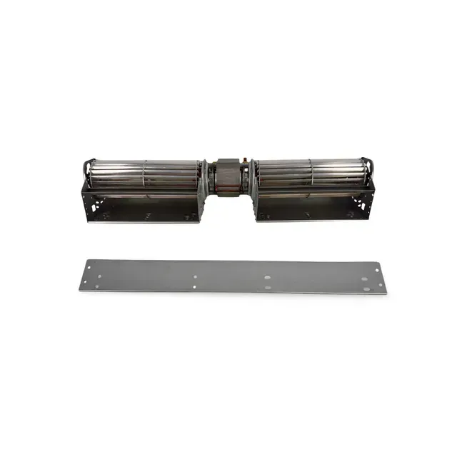 Black metal blower assembly with a rectangular mounting plate on a white background