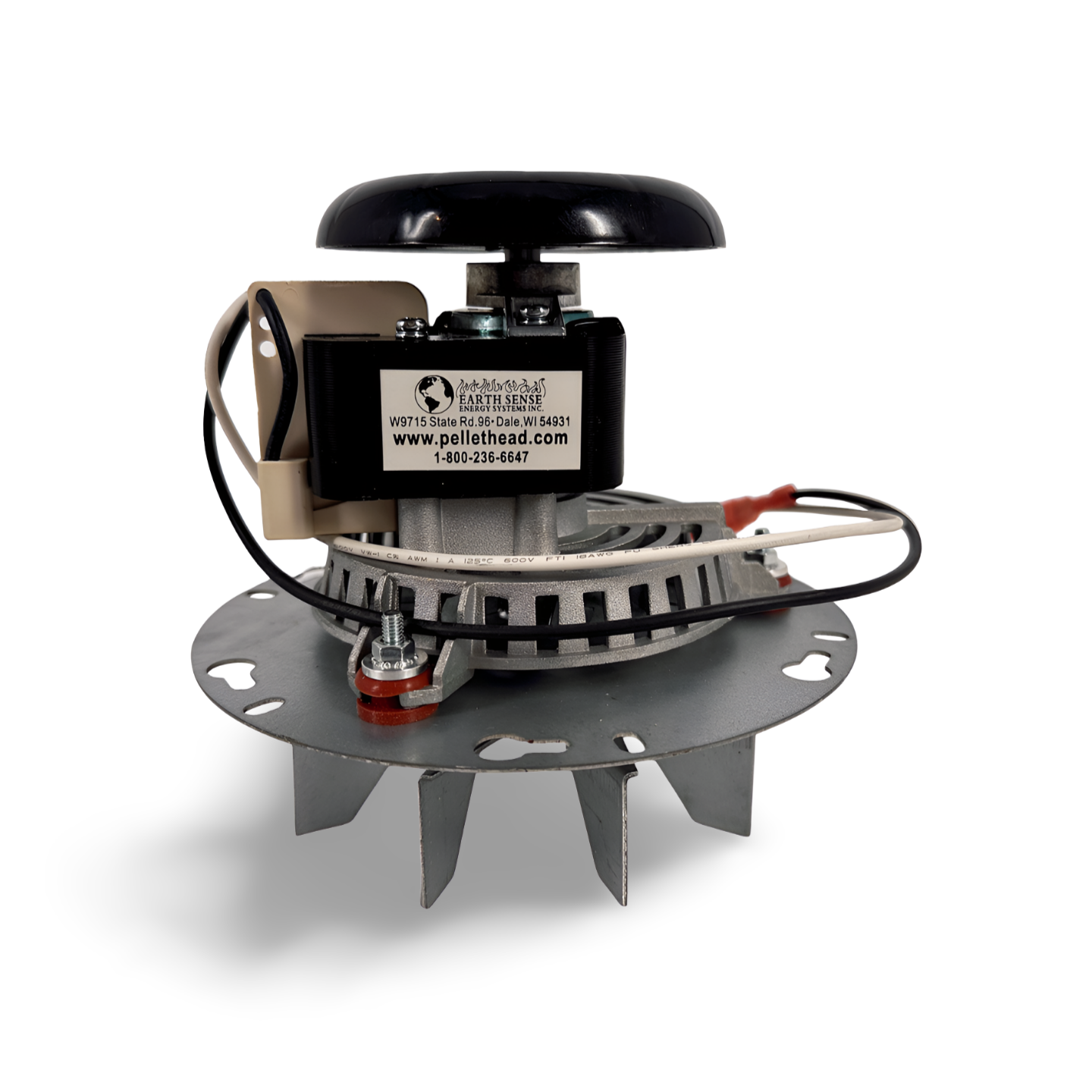 Black sensor device with circular metal base and wiring on white background