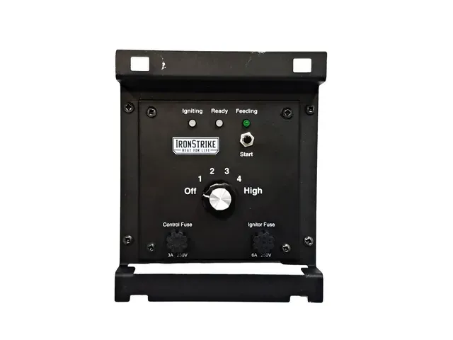 Black control panel with a dial, indicator light, and mount brackets on a white background