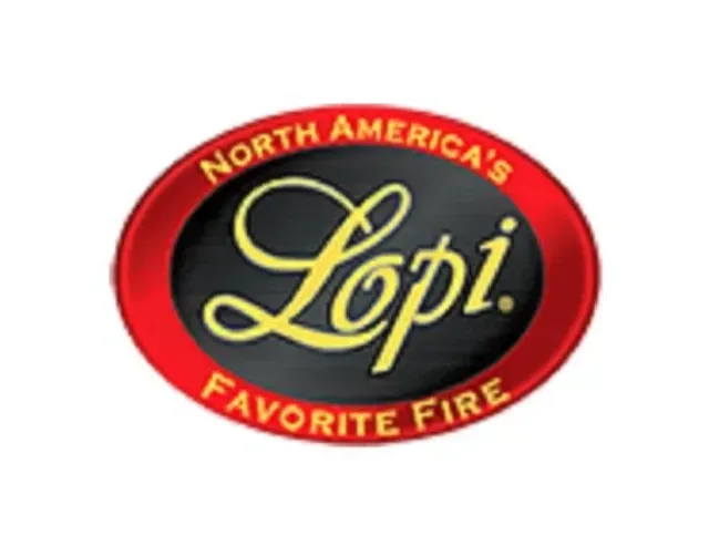 Lopi logo in red oval with gold script and the text “North America’s Favorite Fire”