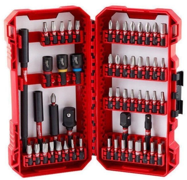 Red screwdriver bit set in a red hard case with assorted bits and holders