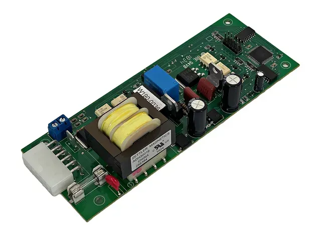 Green electronic circuit board with transformer, capacitors, and connectors on a white background