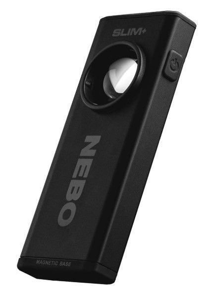 Black NEBO Slim+ rechargeable flashlight with circular head and side button, angled on white background
