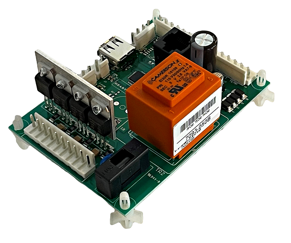 Green circuit board with an orange relay and white connectors on a mounting base