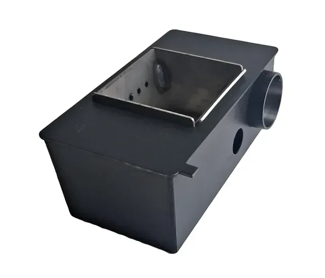 Black metal ventilation duct box with a round side outlet and open top opening