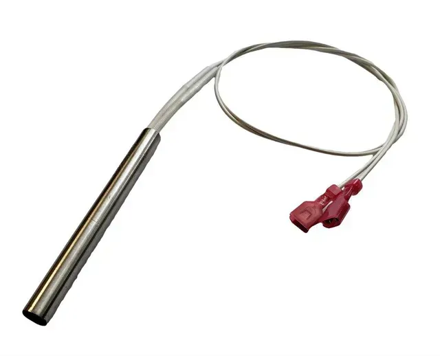 Metal heating cartridge with attached wire and red connectors on a white background