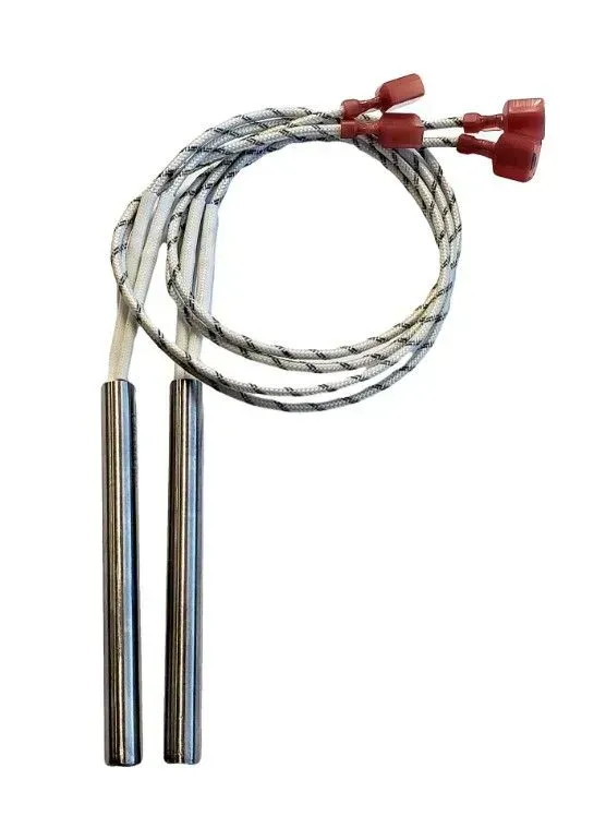 Twisted metal cable with two cylindrical handles and red connectors on a white background