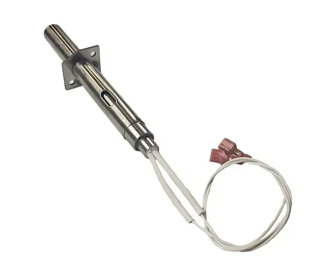 Metal heating element with mounting bracket and white wires, shown on a white background