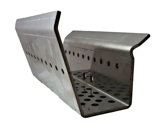 Galvanized metal cable tray with perforated base and side vents, shown in perspective on white background