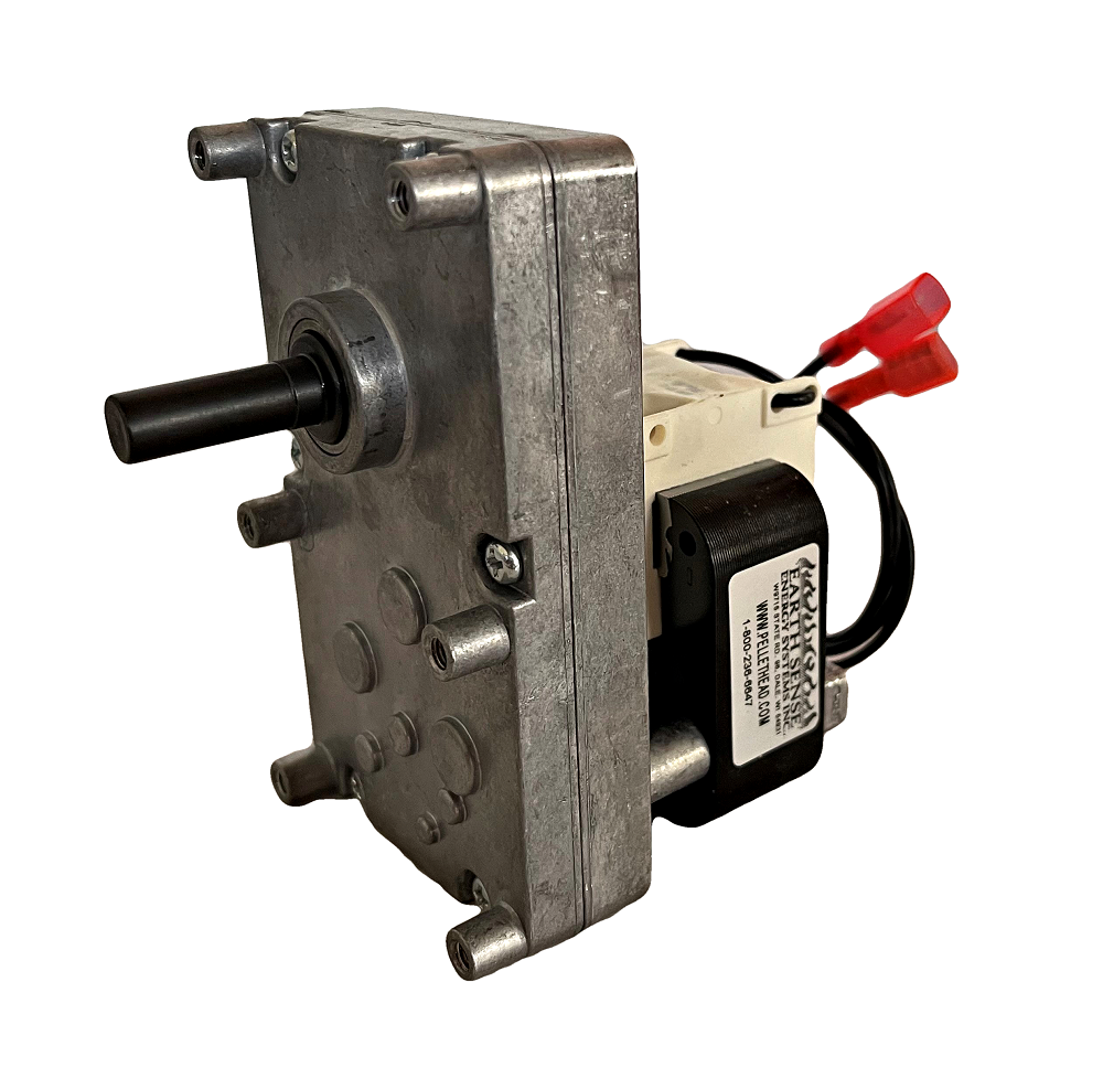 Metal gearmotor with a protruding black shaft and red wire connectors on a white background