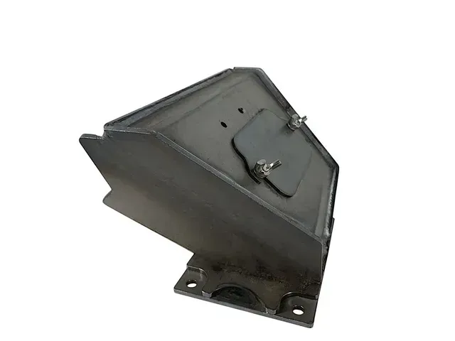 Black metal industrial hopper with a hinged lid and mounting base on a white background