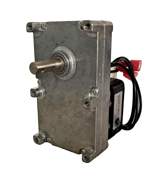 Gray metal gear motor with a protruding shaft and attached black wiring on a white background