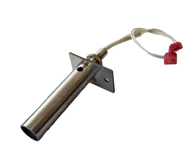 Stainless steel door latch with mounting plate and attached wire, shown on a white background